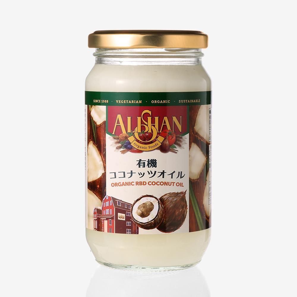 アリサン 有機ココナッツオイル300g。金色のふたのガラス瓶と、ココナッツの絵があるラベル