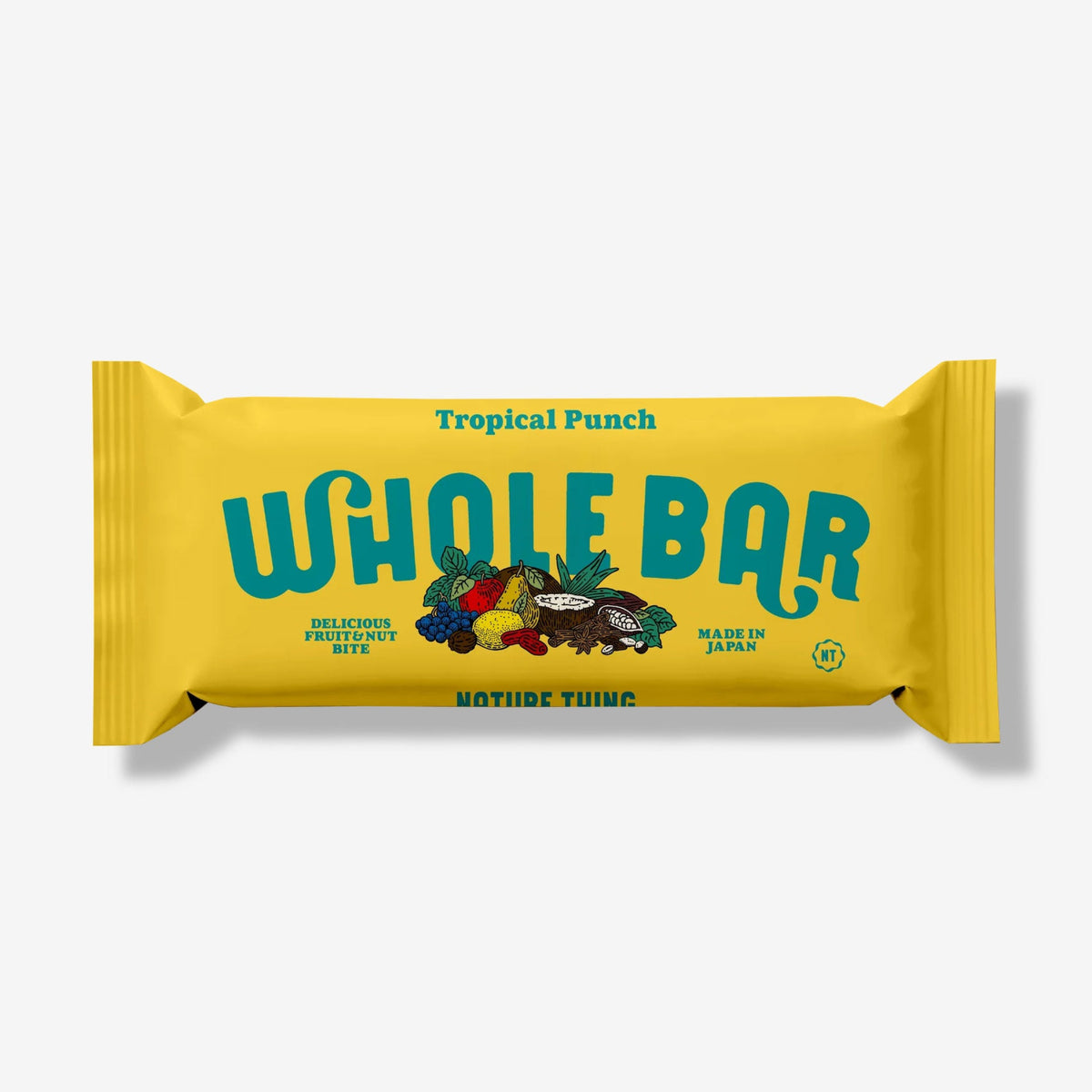 NATURE THING WHOLE BAR トロピカルパンチ40g。緑色のロゴを配した黄色のパッケージ正面