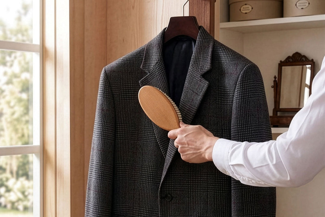 窓辺でハンガーに掛けたグレーのチェック柄ジャケットに、木製の洋服ブラシをかける様子
