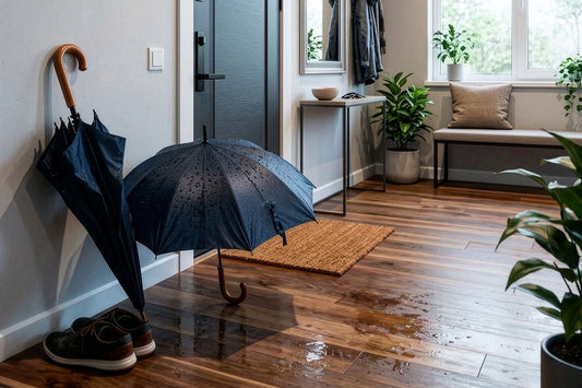 水滴の付いた開いた傘と閉じた傘、靴が置かれ、木の床に水が落ちている玄関