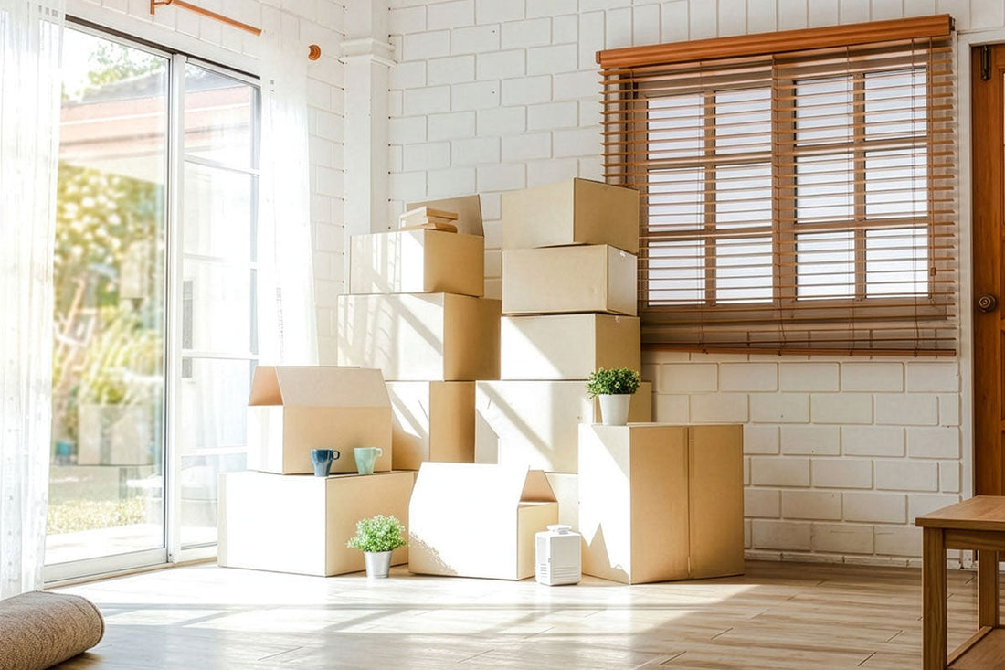 日差しが入る白い壁の部屋に積み重ねた引越し用の段ボール箱と、マグカップや小さな鉢植え