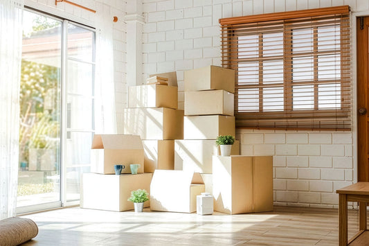 日差しが入る白い壁の部屋に積み重ねた引越し用の段ボール箱と、マグカップや小さな鉢植え