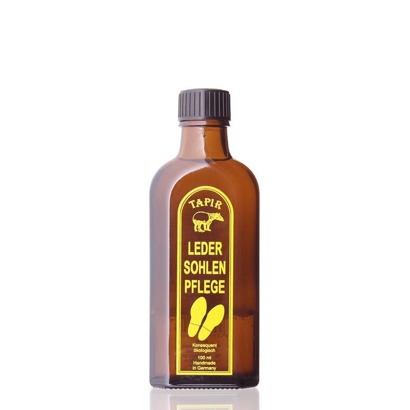 タピールのレザーソールオイル100ml。靴底のイラストが付いた黄色いラベルと黒いキャップ