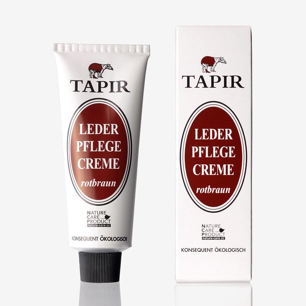 タピールのフレーゲクリームのチューブと箱。レッドブラウン、赤茶色のラベルとバクのロゴ