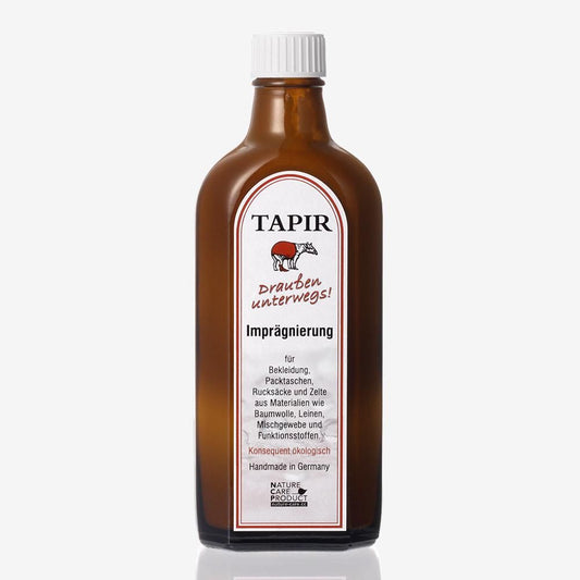 タピールの布用防水ワックス。白いキャップの茶色い瓶と、バクのイラスト入りの縦長の白いラベル