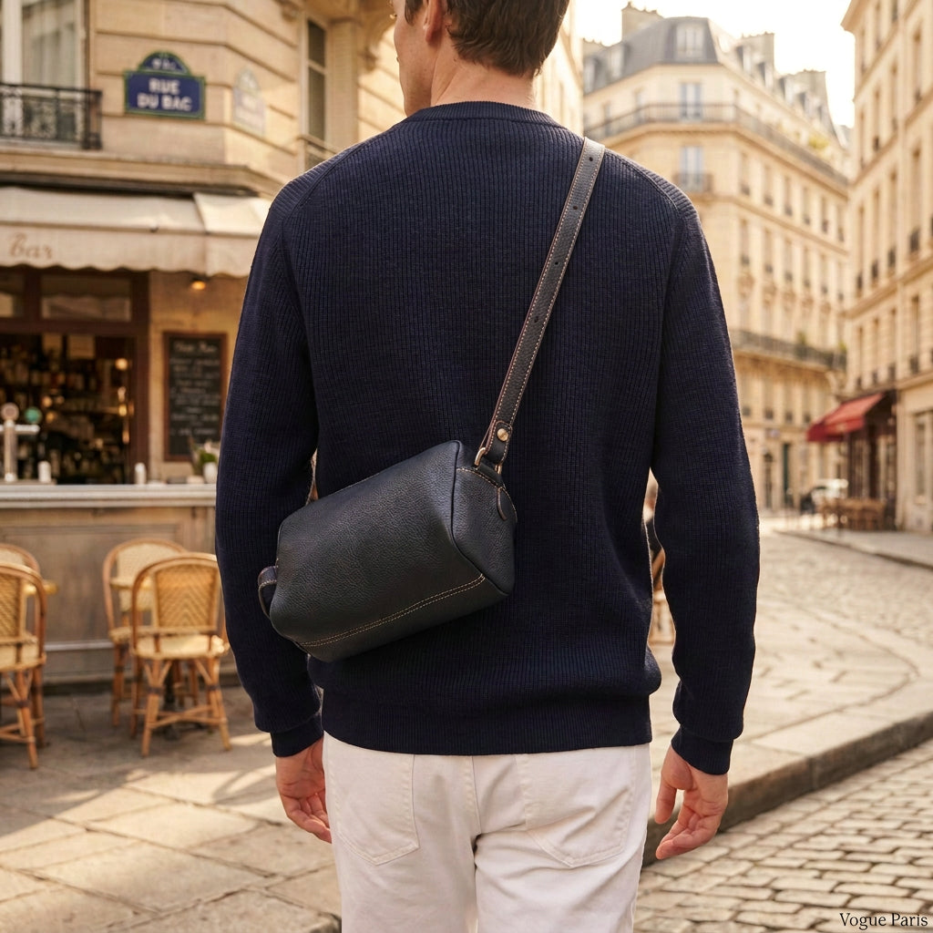 TROUSSE TOILETTEボディバッグを紺のニットと白いパンツに合わせ、街中で斜め掛けした後ろ姿