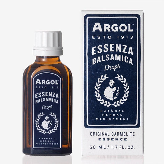 アルゴール エッセンザバルサミカ ドロップ50mlの茶色い瓶と紙箱。紺色のラベルと白いキャップ