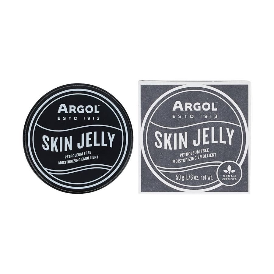 アルゴール スキンゼリー50gの黒い丸缶と紙箱。白い線の円形デザインとSKIN JELLYの文字