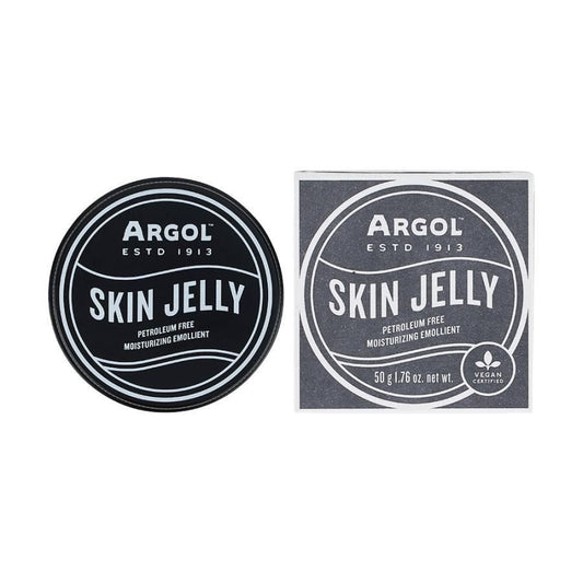 アルゴール スキンゼリー50gの黒い丸缶と紙箱。白い線の円形デザインとSKIN JELLYの文字