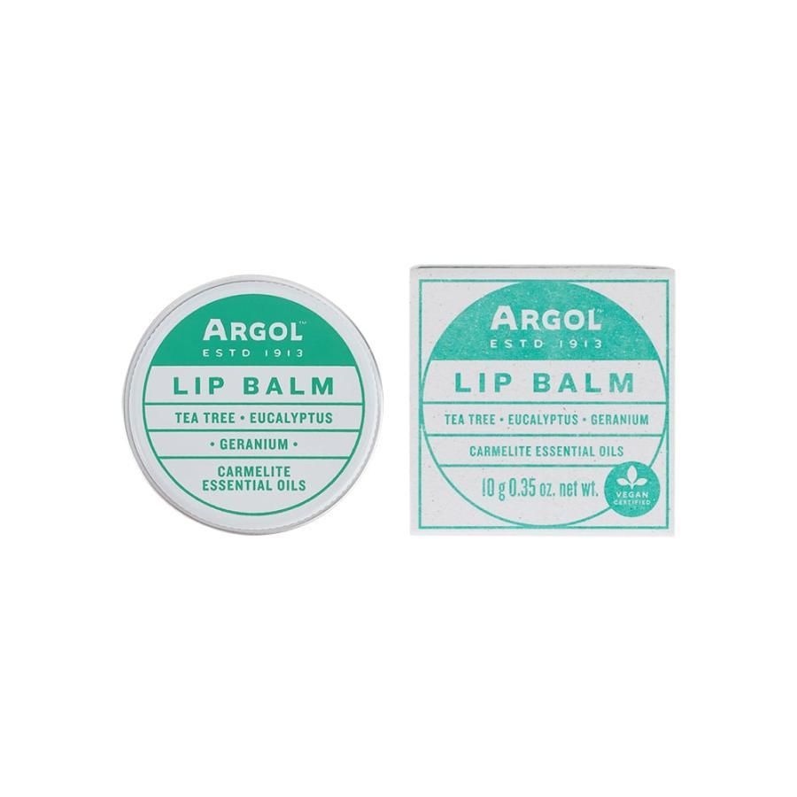 アルゴール リップバーム10gの銀色の丸缶と紙箱。緑と白のラベルにARGOL、LIP BALMの文字
