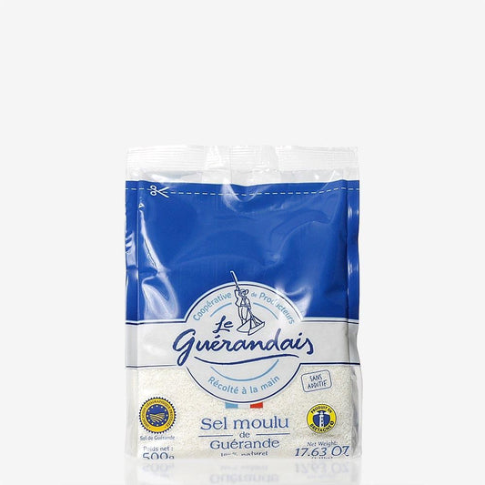ゲランドの塩 セル・マリン細粒塩500g。青と白の袋に塩を採る人の絵とLe Guérandaisの文字