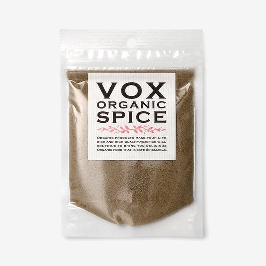 ヴォークス スパイスの有機ホワイトペパーパウダー20g。淡い茶色の粉が見える透明袋と白いVOXラベル