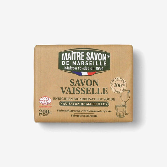 メートル サボン ド マルセイユの食器用石けん200g。茶色い紙包装に緑のロゴとグラスの絵