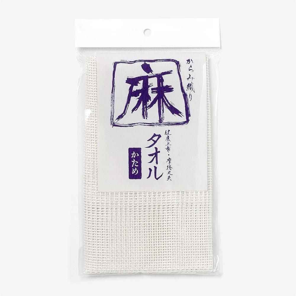 亀の子の麻タオル・かための包装正面。紫色の麻の文字と白い格子状の生地