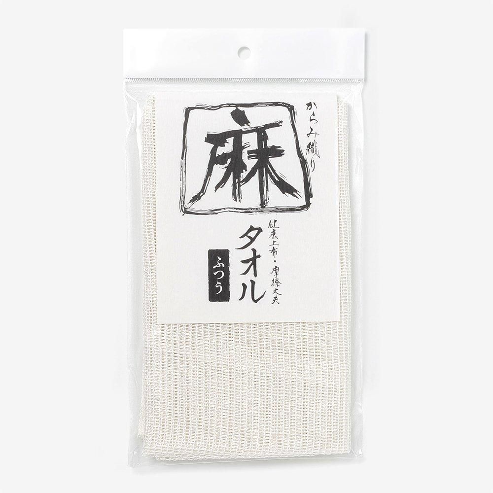 亀の子の麻タオル・ふつうの包装正面。黒い麻の文字と白い格子状の生地