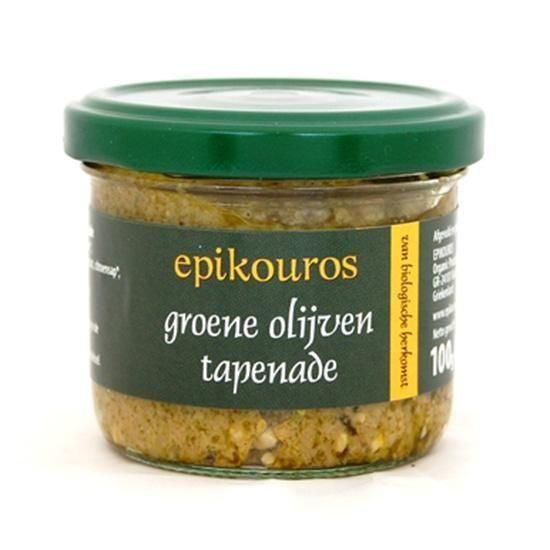 エピクロス 有機グリーンオリーブペースト100g。緑のふたと濃緑のラベルのガラス瓶