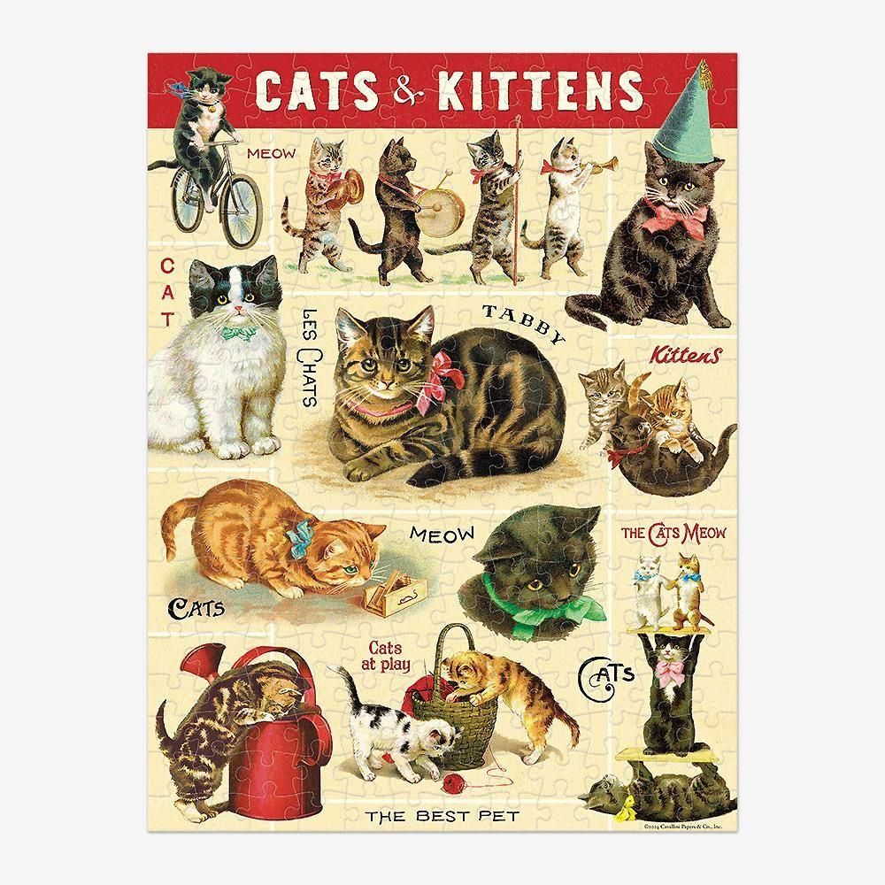 キャットの240ピースパズル完成図。帽子やリボンを着けた猫、楽器を演奏する猫などのレトロなイラスト