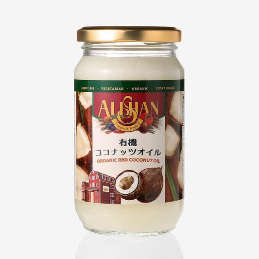 アリサン 有機ココナッツオイル300g。金色のふたのガラス瓶と、ココナッツの絵があるラベル