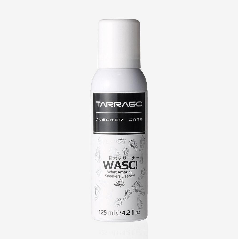 タラゴのスニーカークリーナーWASC！125ml。黒いラベルと靴のイラストが付いた白い容器