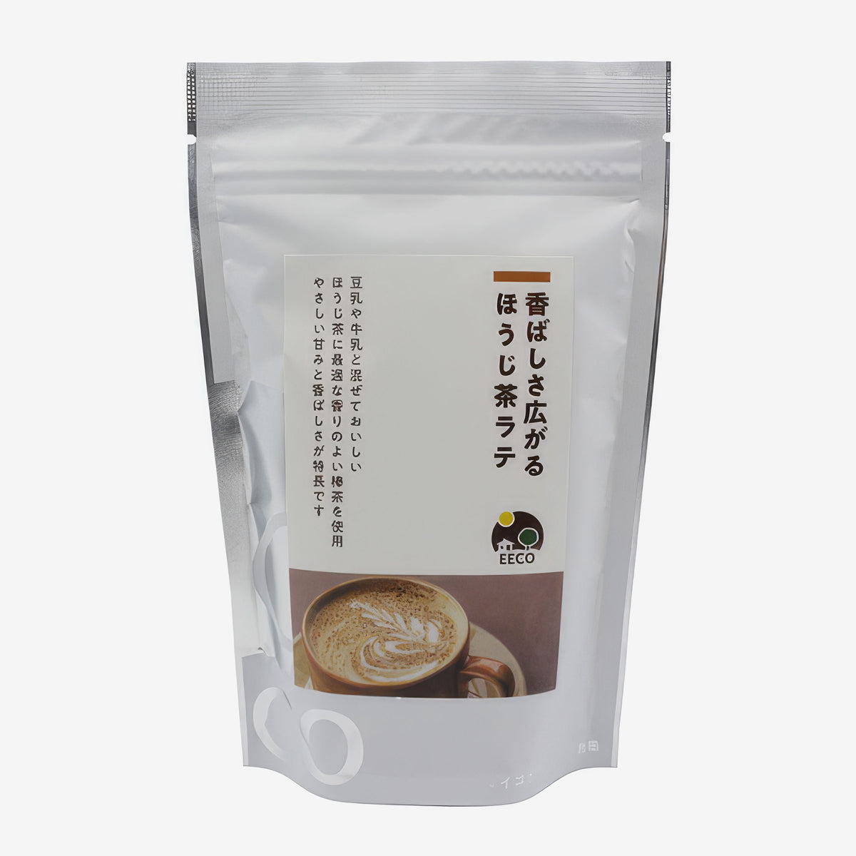 EECOほうじ茶ラテパウダー200g。ラテの写真と商品名ラベルが付いたチャック付き袋
