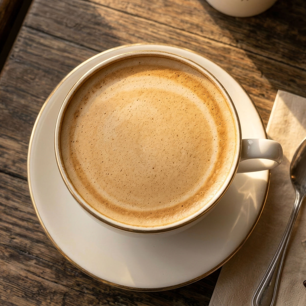 木のテーブルに置かれた、白いカップとソーサーに注いだEECOほうじ茶ラテの出来上がり例