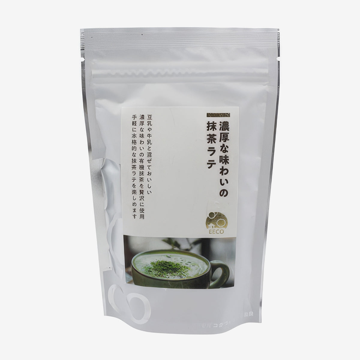 EECO抹茶ラテパウダー200g。抹茶ラテの写真と商品名ラベルが付いたチャック付き袋